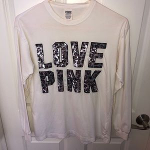 VS PINK Cheetah Print Sequin White Tee Shirt